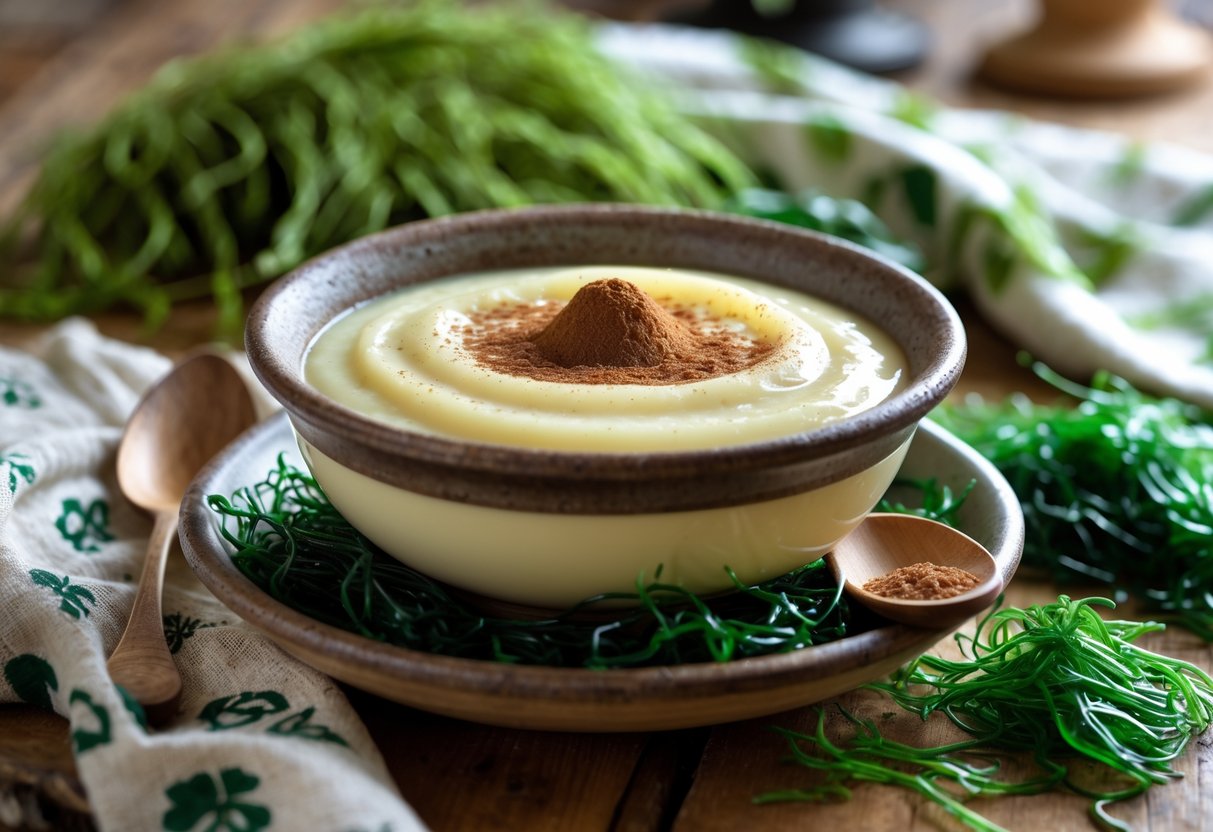 A bowl of creamy carrageen moss pudding on a wooden table with fresh seaweed and a wooden spoon nearby.