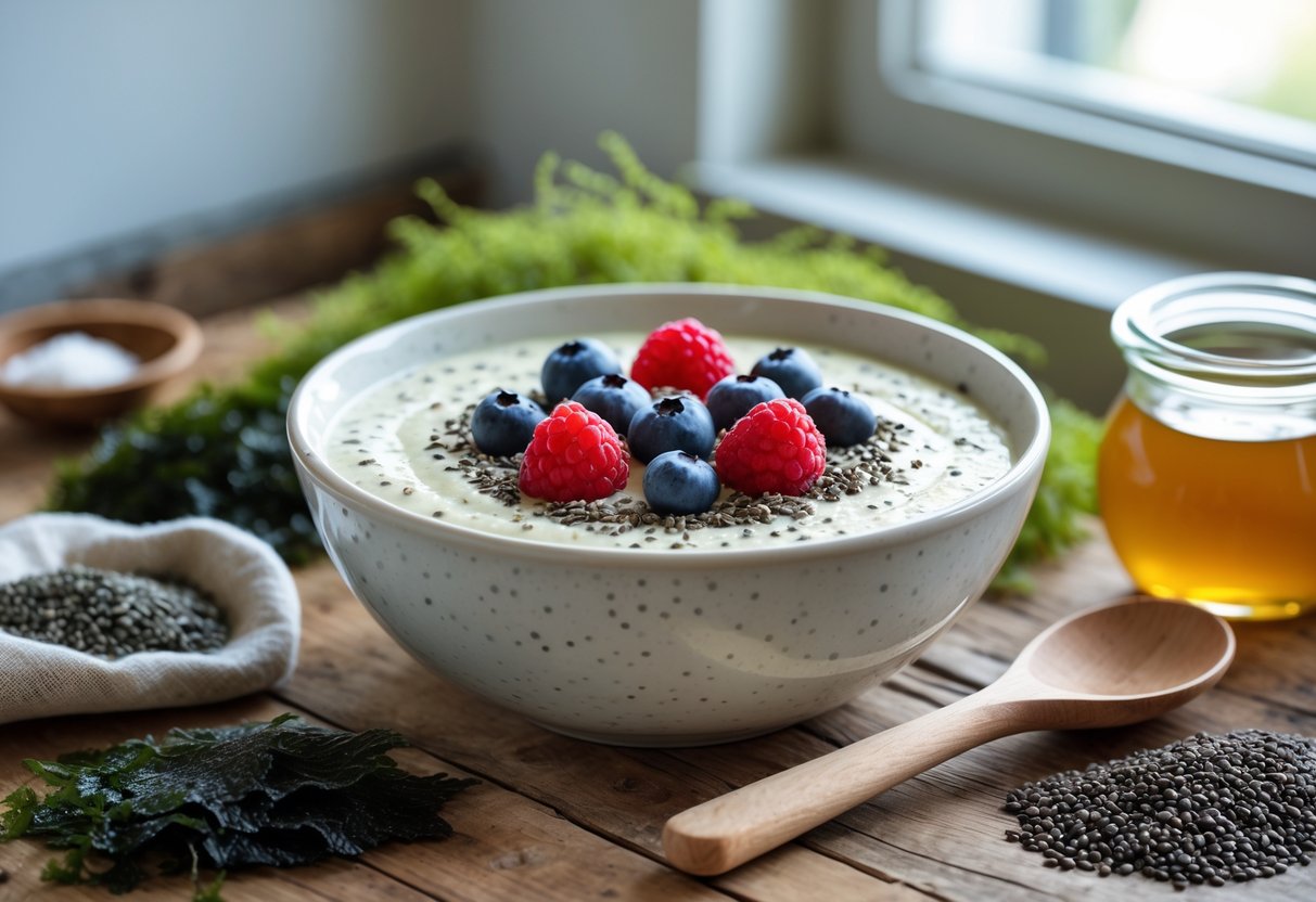 A bowl of creamy carrageen moss pudding garnished with berries and chia seeds on a wooden table with natural ingredients around it.