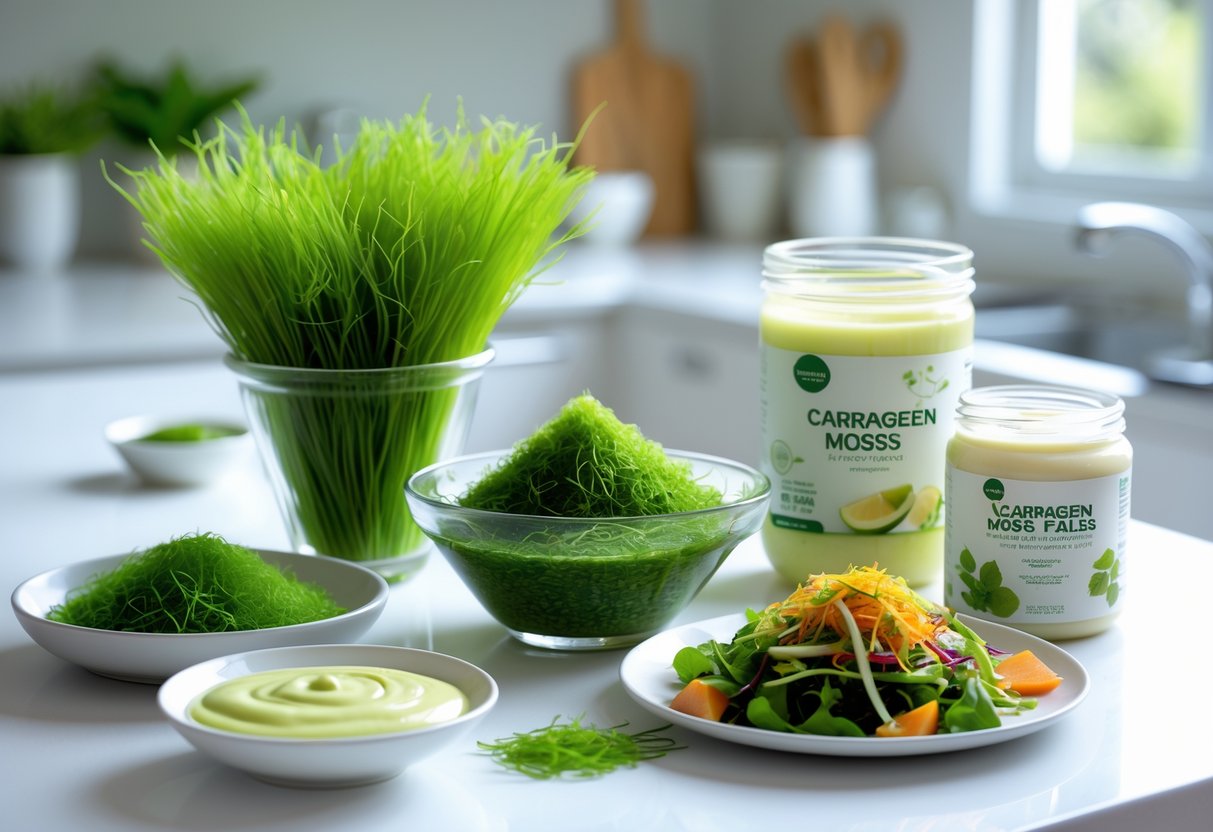 A kitchen countertop displaying fresh carrageen moss in a bowl, carrageen moss pudding, a salad with carrageen moss, a skincare cream jar, and a smoothie bowl, illustrating various uses of carrageen moss.