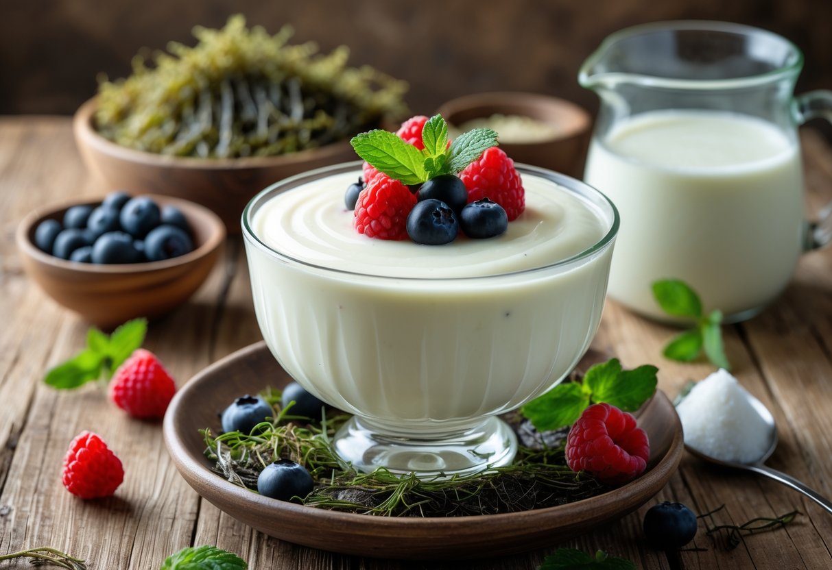 A bowl of creamy carrageen moss pudding garnished with fresh berries and mint, surrounded by ingredients like dried seaweed, sugar, and milk on a wooden table.