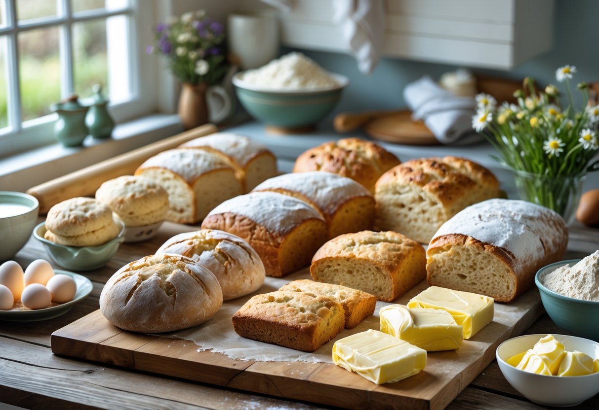 A kitchen table displaying various traditional Irish baked breads and baking ingredients in a warm, cozy setting.