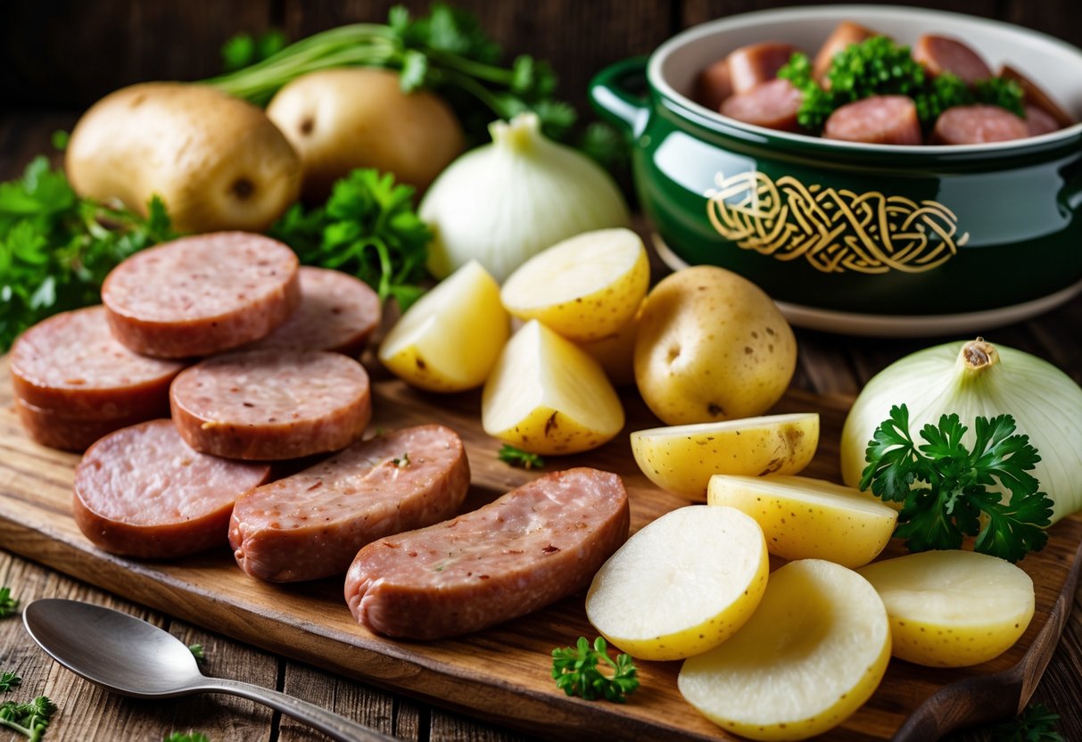 Close-up of raw ingredients for Dublin Coddle including sausages, bacon, potatoes, onions, and parsley on a wooden table.