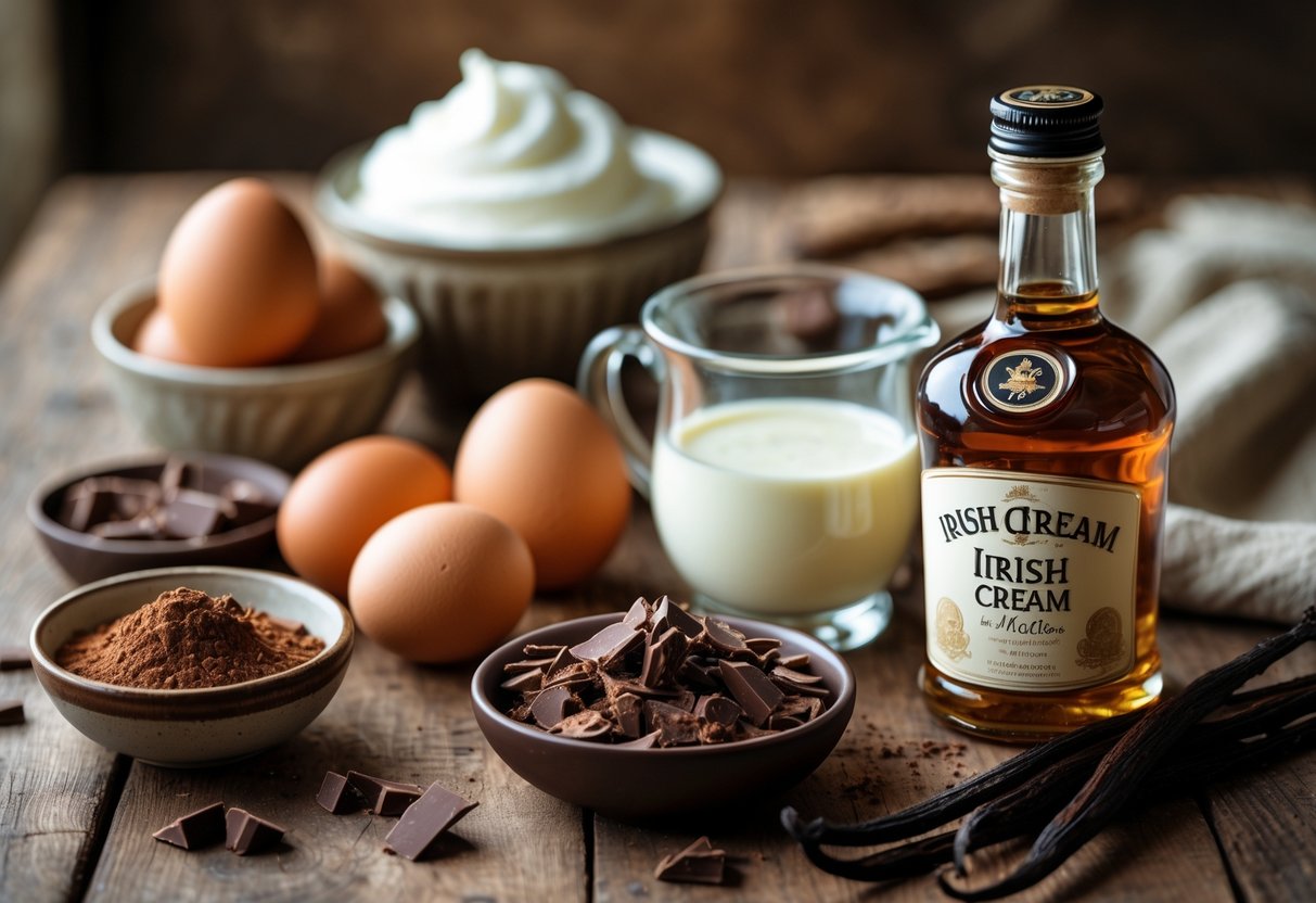 A wooden table displaying ingredients for Irish cream desserts including a bottle of Irish cream liqueur, cocoa powder, dark chocolate, fresh cream, vanilla beans, and eggs.