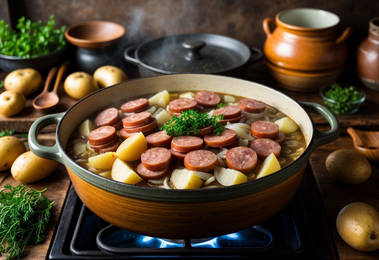 A rustic kitchen scene showing a ceramic pot simmering with sausages, potatoes, and onions cooking together on a stove.