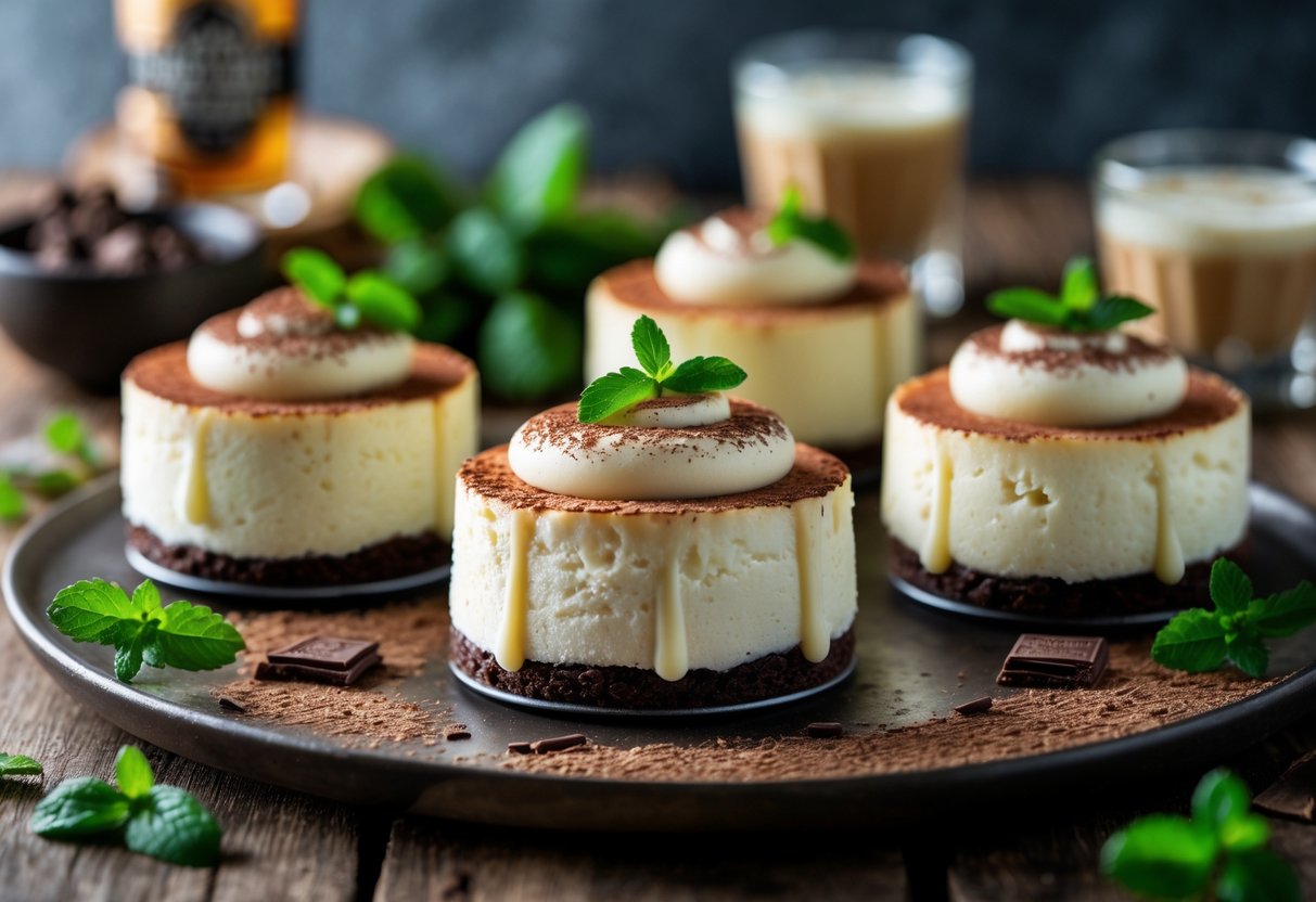 Several small Irish cream cheesecakes on a wooden table with mint leaves and chocolate shavings around them.