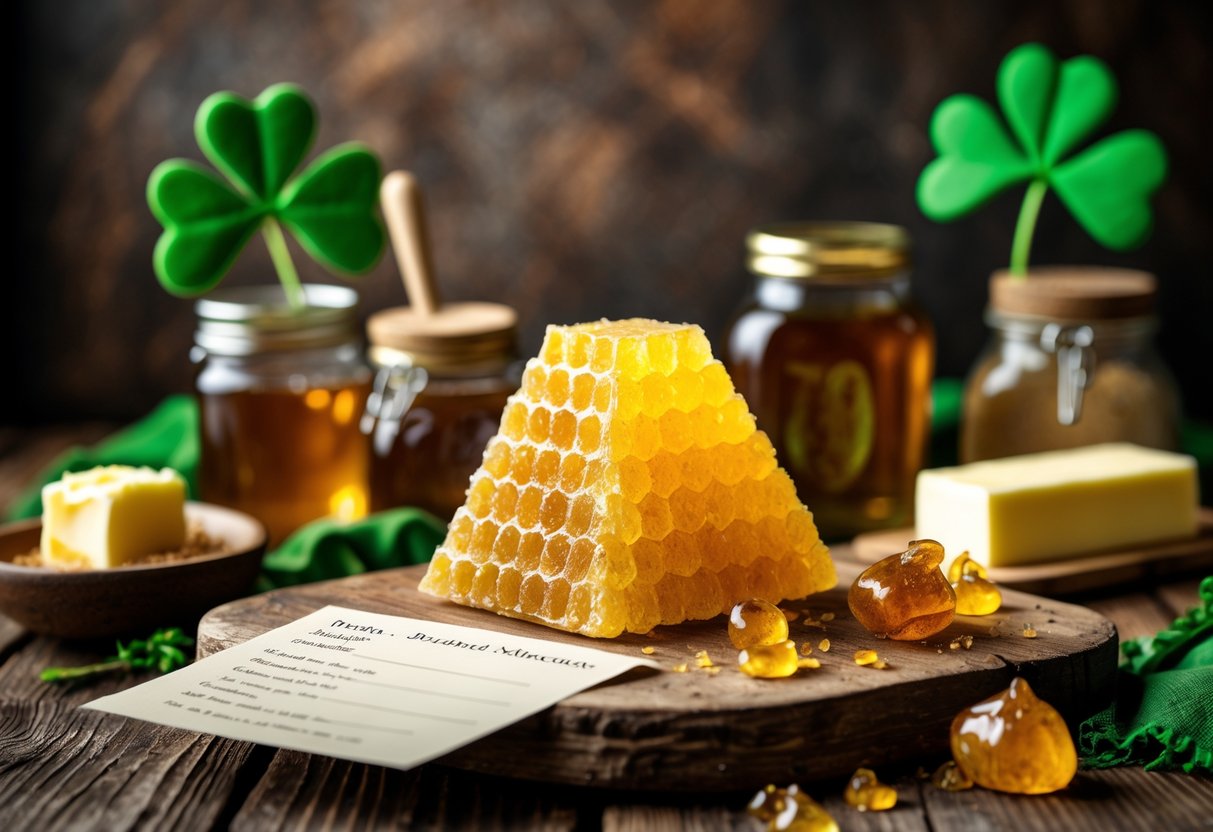 A rustic kitchen table with yellowman honeycomb candy and ingredients like honey and butter, with Irish-themed decor in the background.