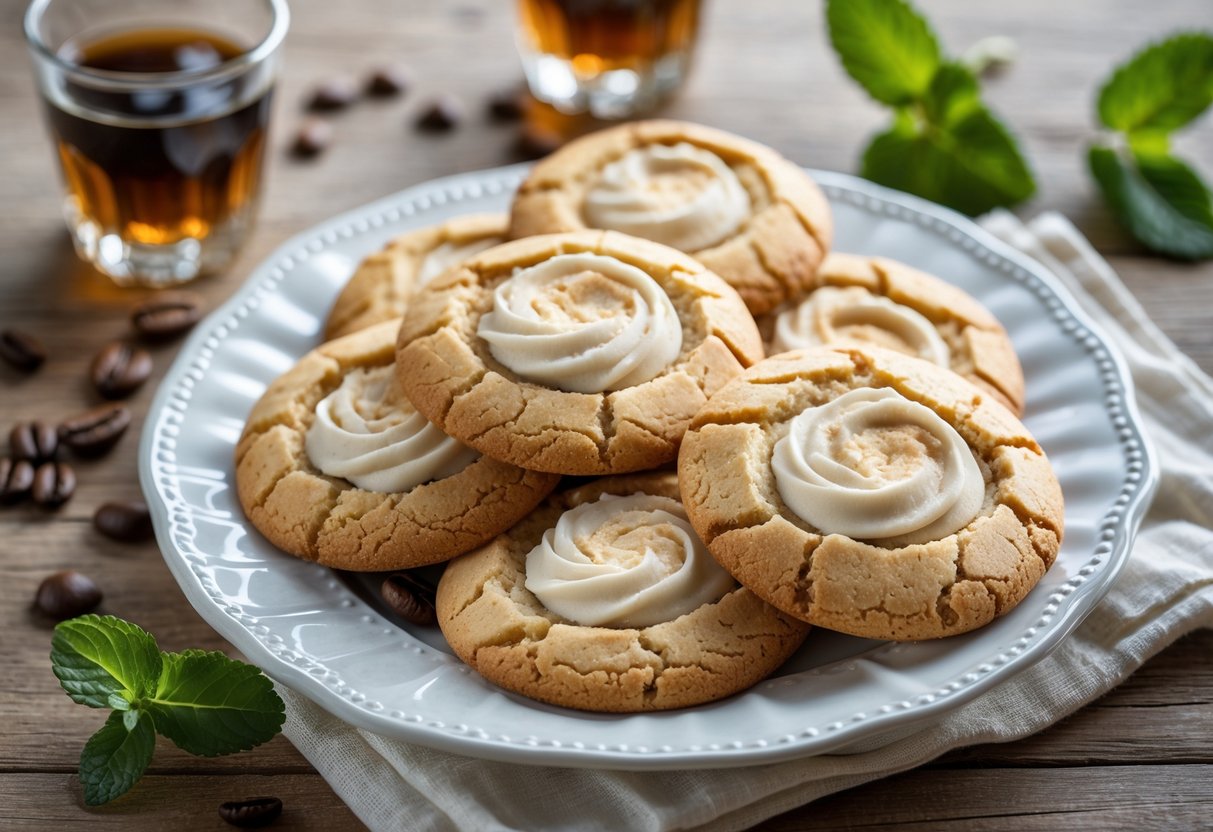 A plate of golden brown cookies with Irish cream filling on a wooden table, with a small glass of Irish cream and coffee beans nearby.