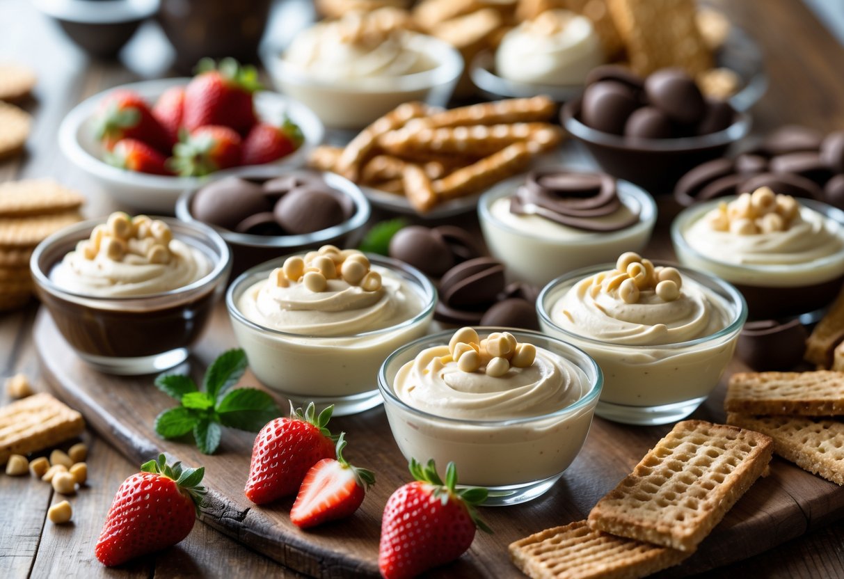 An assortment of creamy Baileys Irish Cream dips and spreads in glass bowls surrounded by strawberries, chocolate pretzels, biscotti, and wafer sticks on a wooden table.