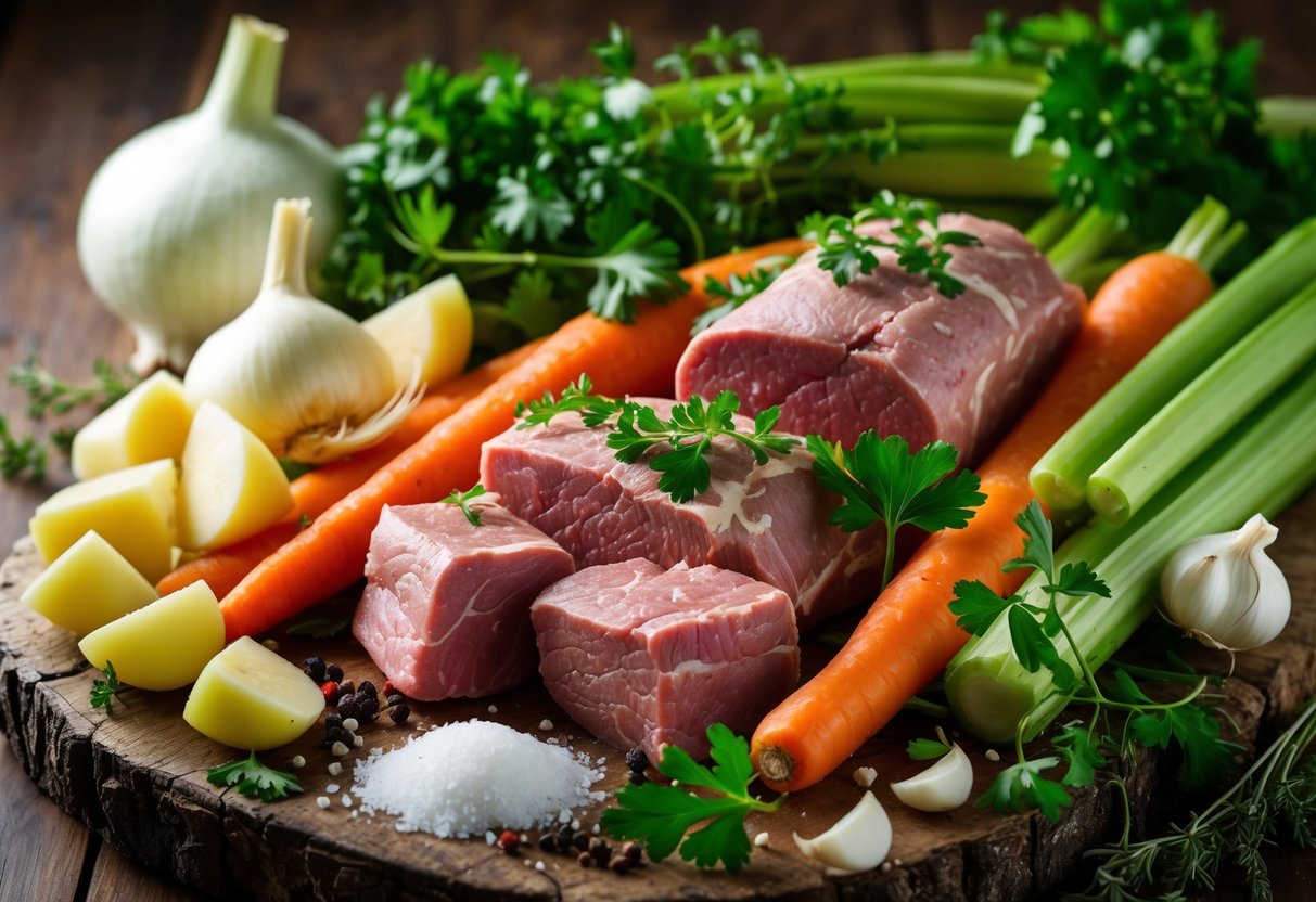 Fresh raw lamb, carrots, potatoes, celery, onions, garlic, and herbs arranged on a wooden surface for Irish lamb stew preparation.