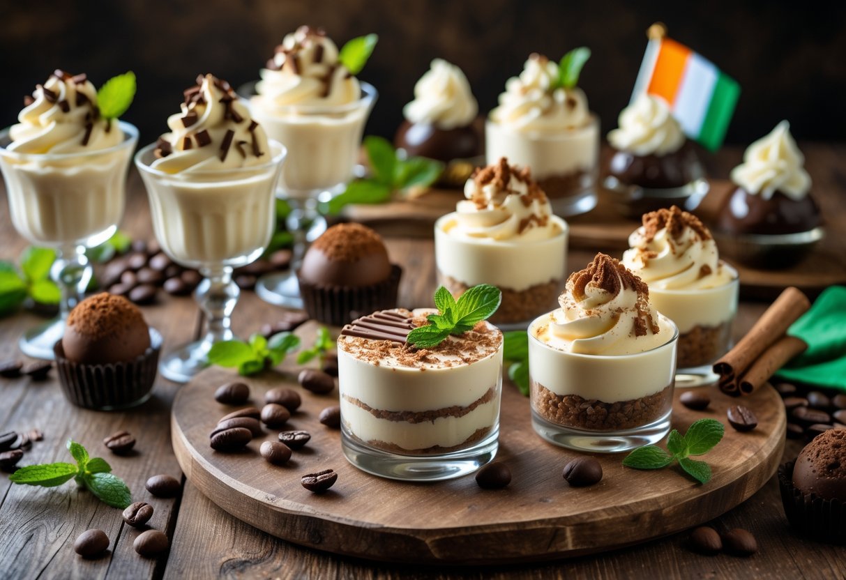 An assortment of Irish cream desserts including mousse, mini cheesecakes, and chocolate truffles arranged on a wooden table with decorative garnishes.
