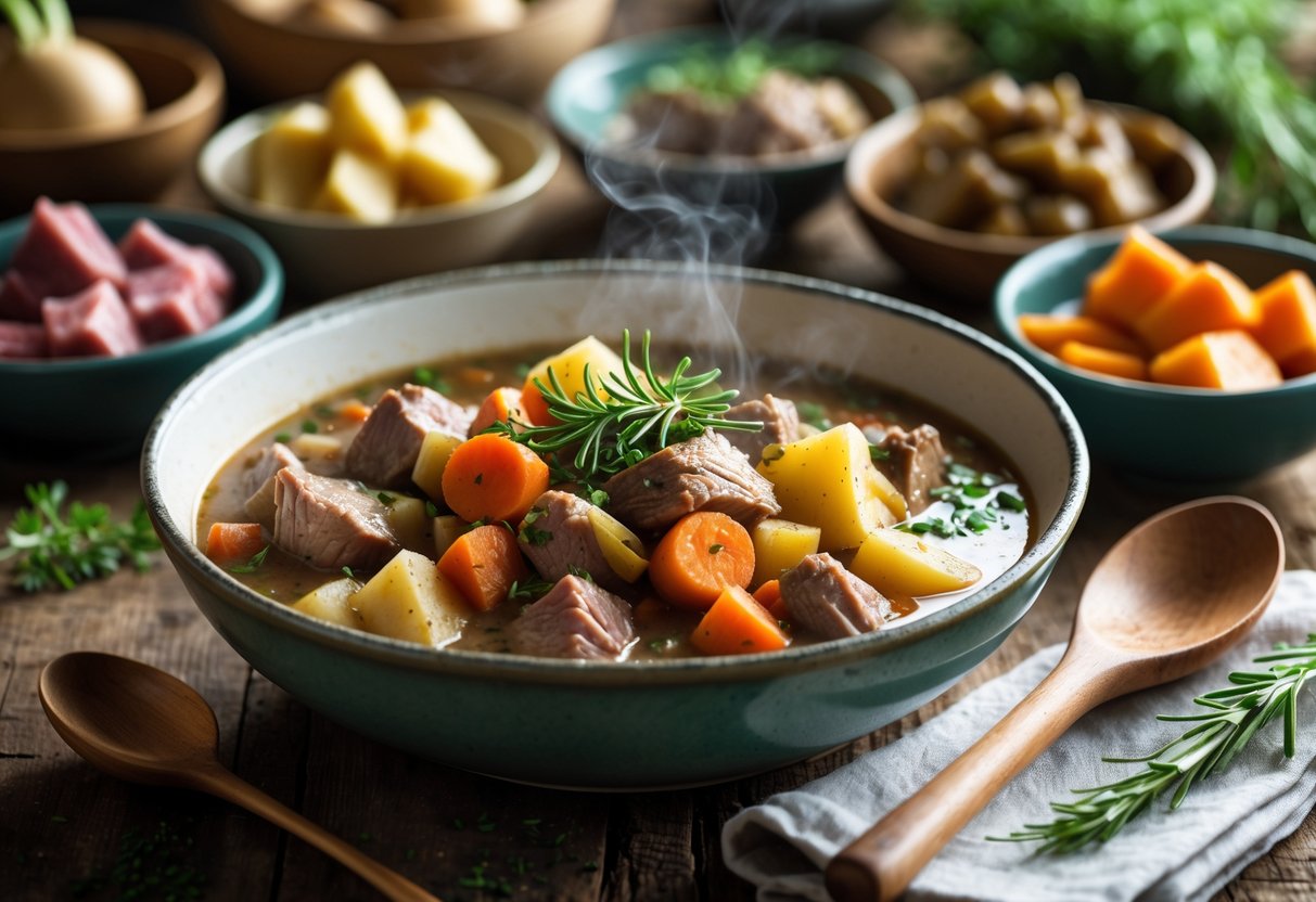 A bowl of Irish lamb stew with vegetables on a wooden table, surrounded by small bowls of alternative ingredients like beef, sweet potatoes, and herbs.