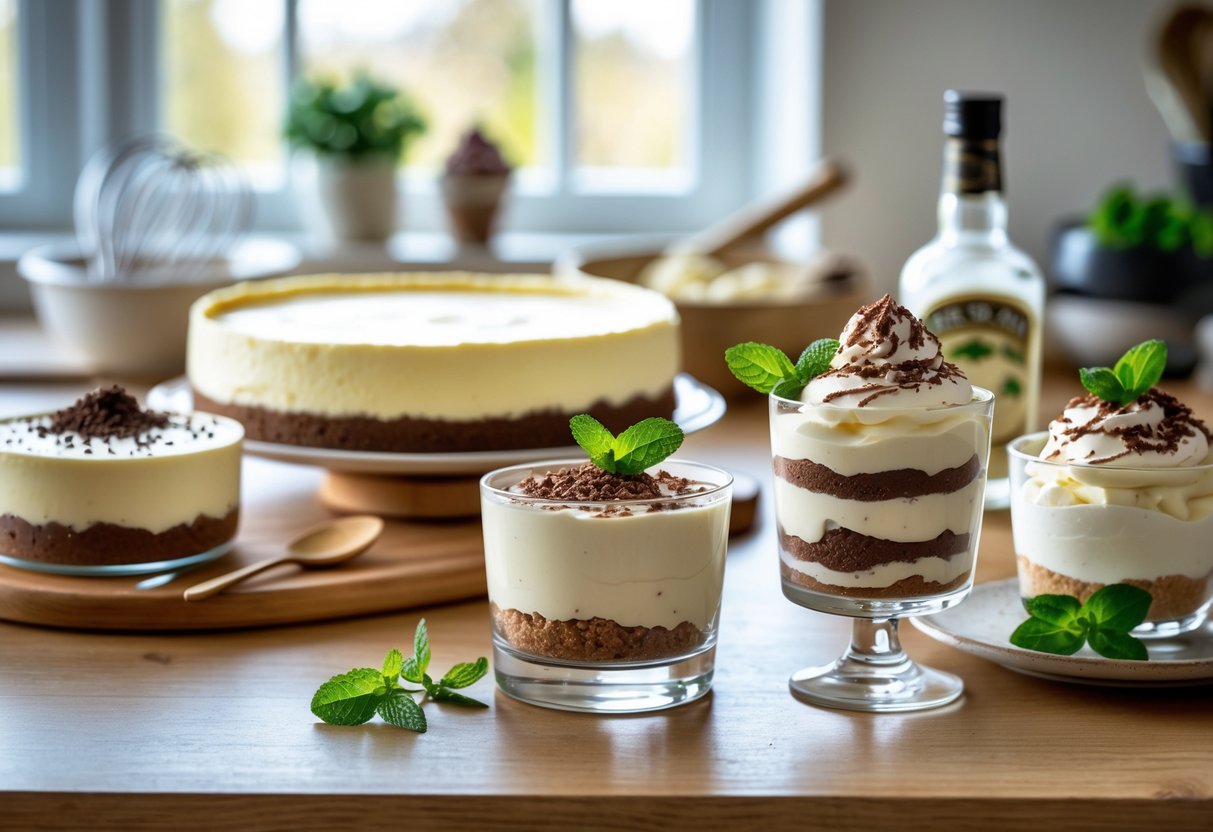 A wooden table with several Irish cream desserts including cheesecake, tiramisu, and mousse cups, with kitchen utensils and a bottle of Irish cream liqueur in the background.