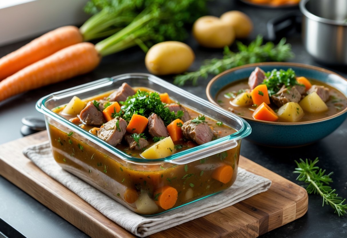 A kitchen countertop with a glass container of Irish lamb stew, a bowl of stew garnished with parsley, and fresh ingredients nearby.