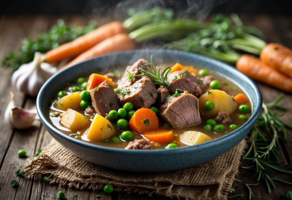 A bowl of steaming Irish lamb stew with lamb, carrots, peas, and potatoes on a wooden table surrounded by fresh ingredients.