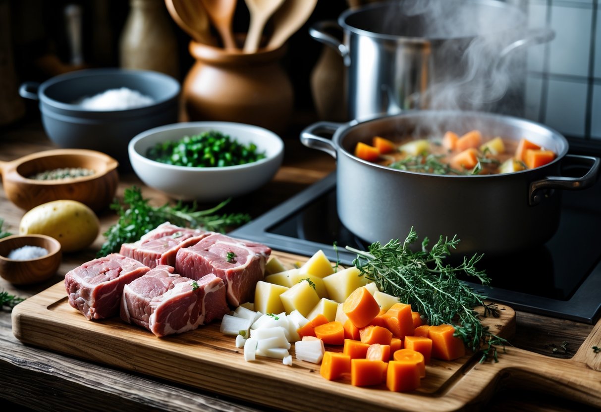 A kitchen scene with fresh lamb, vegetables, and herbs prepared for cooking Irish lamb stew, with a pot simmering on the stove.