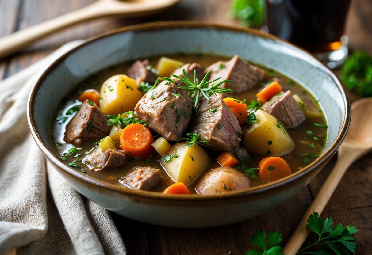 A bowl of Irish lamb stew with lamb, carrots, potatoes, and herbs on a wooden table.