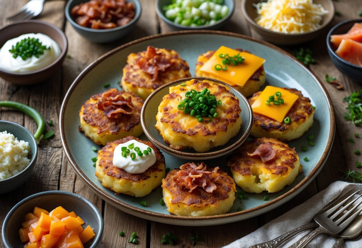A plate of golden Irish potato cakes with various toppings and bowls of add-ins on a wooden table.