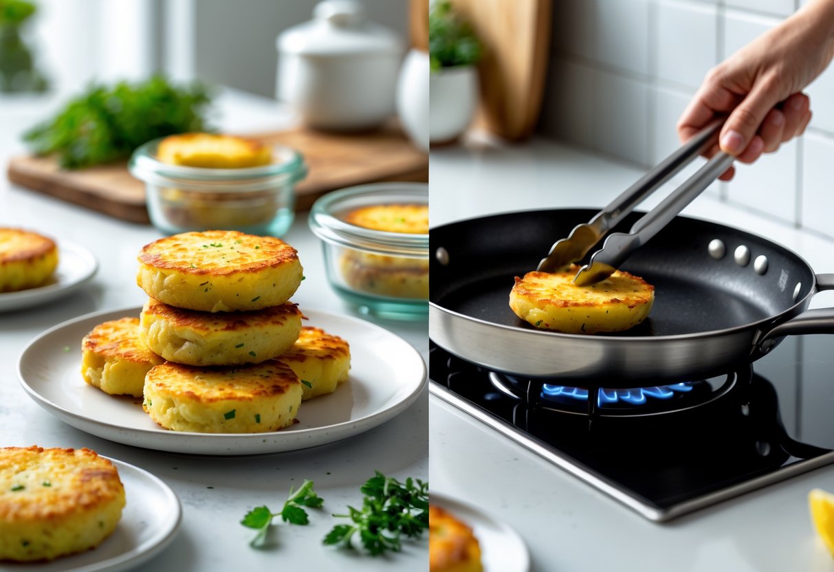 Irish potato cakes being stored in a glass container and reheated in a frying pan in a kitchen.