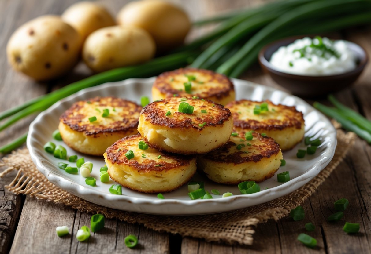 A plate of golden brown Irish potato cakes on a wooden table with fresh potatoes, green onions, and a bowl of sour cream nearby.