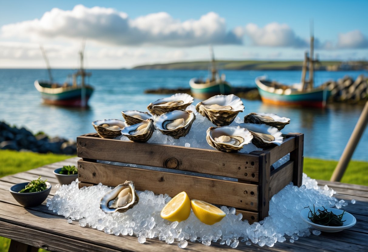 Fresh Irish oysters on ice displayed on a wooden table by the coast with fishing boats and Galway Bay in the background.