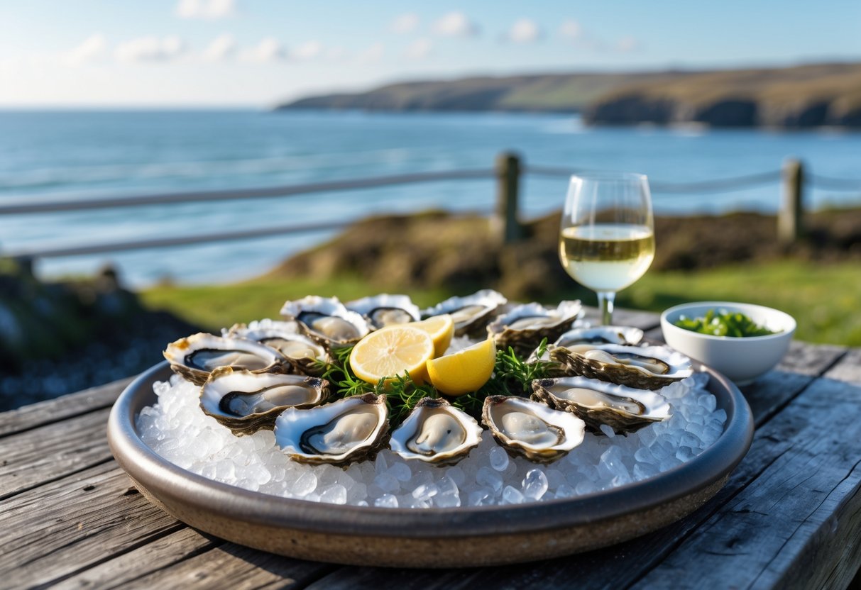 A platter of fresh Irish oysters on ice with lemon wedges on a wooden table by the sea.