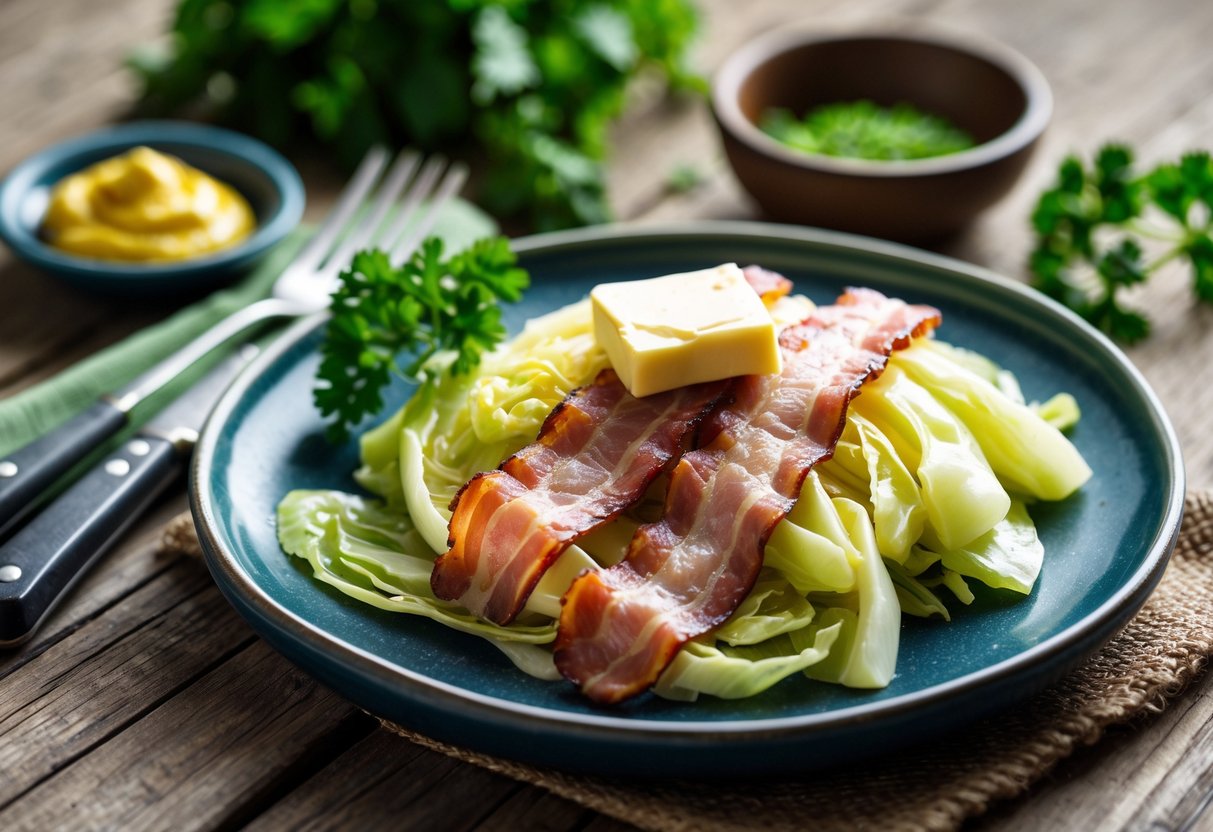A plate of cooked bacon and steamed cabbage with butter on a wooden table, accompanied by utensils and a small bowl of mustard.
