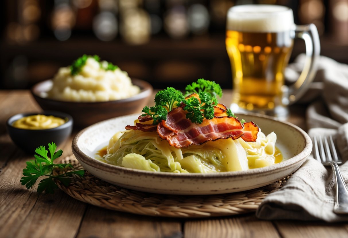 A plate of cooked bacon and boiled cabbage with mashed potatoes on a wooden table in a cozy setting.