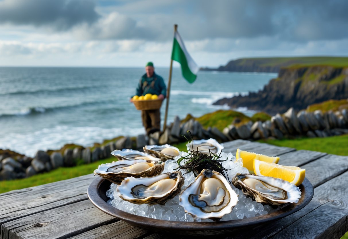 A table outdoors near the Irish coastline with freshly shucked oysters on ice, a fisherman holding a basket of oysters, and an Irish flag in the background.