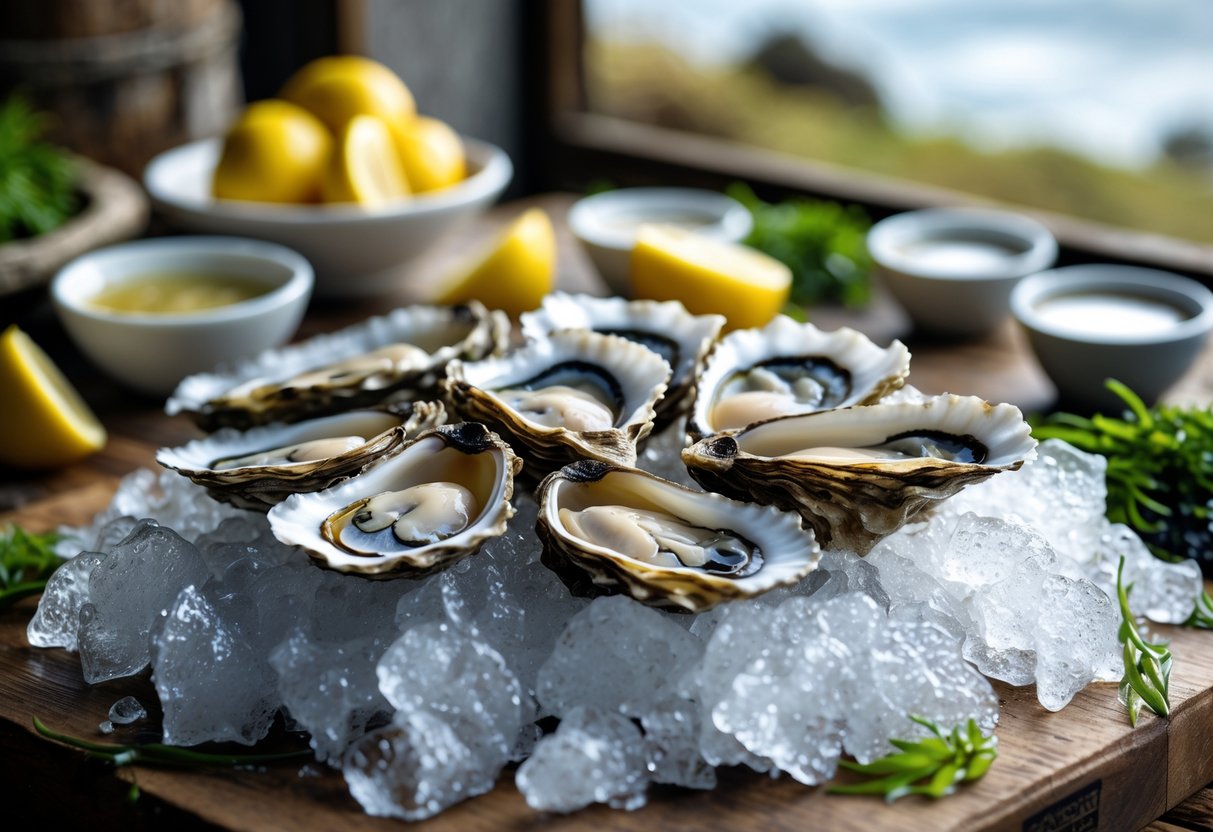 A table displaying fresh Irish oysters on ice with lemon wedges and seaweed, set against a background suggesting the Irish coastline.