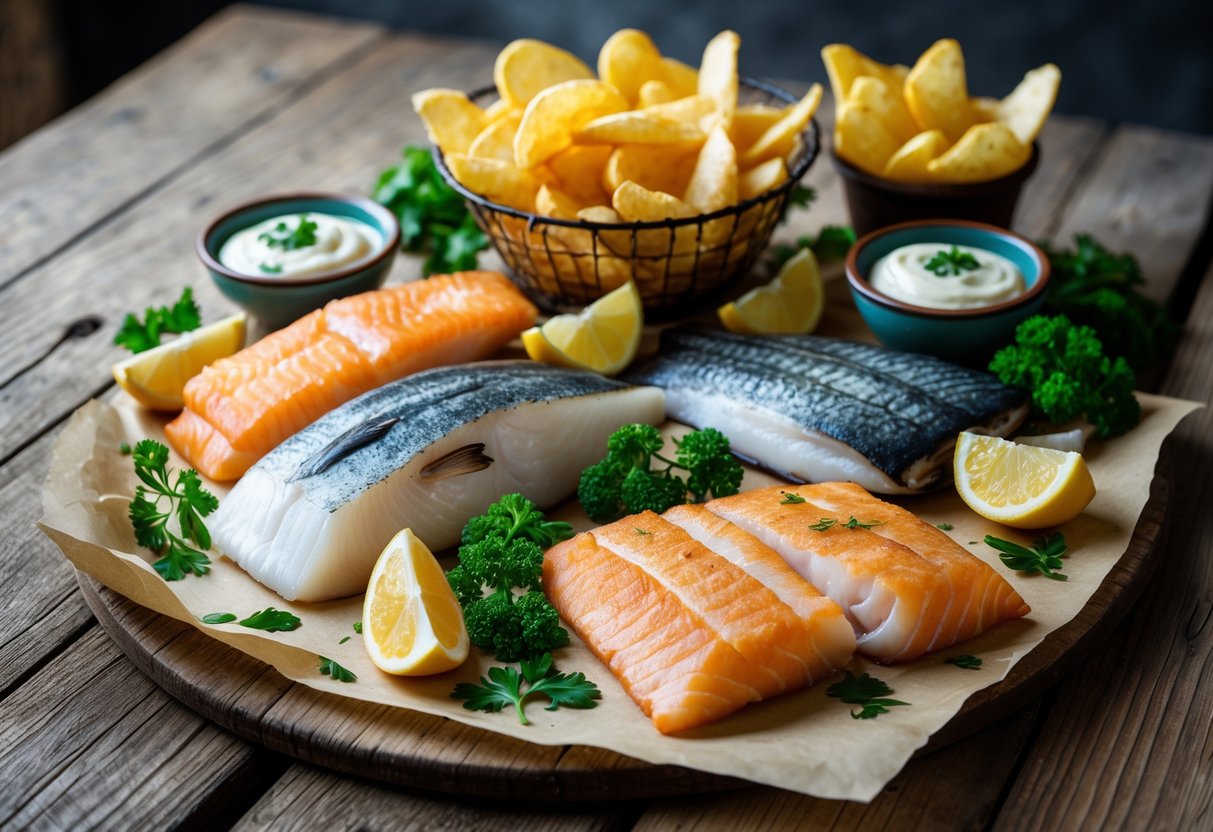 A table displaying fresh fillets of cod, haddock, and plaice alongside crispy chips, lemon wedges, and sauces.