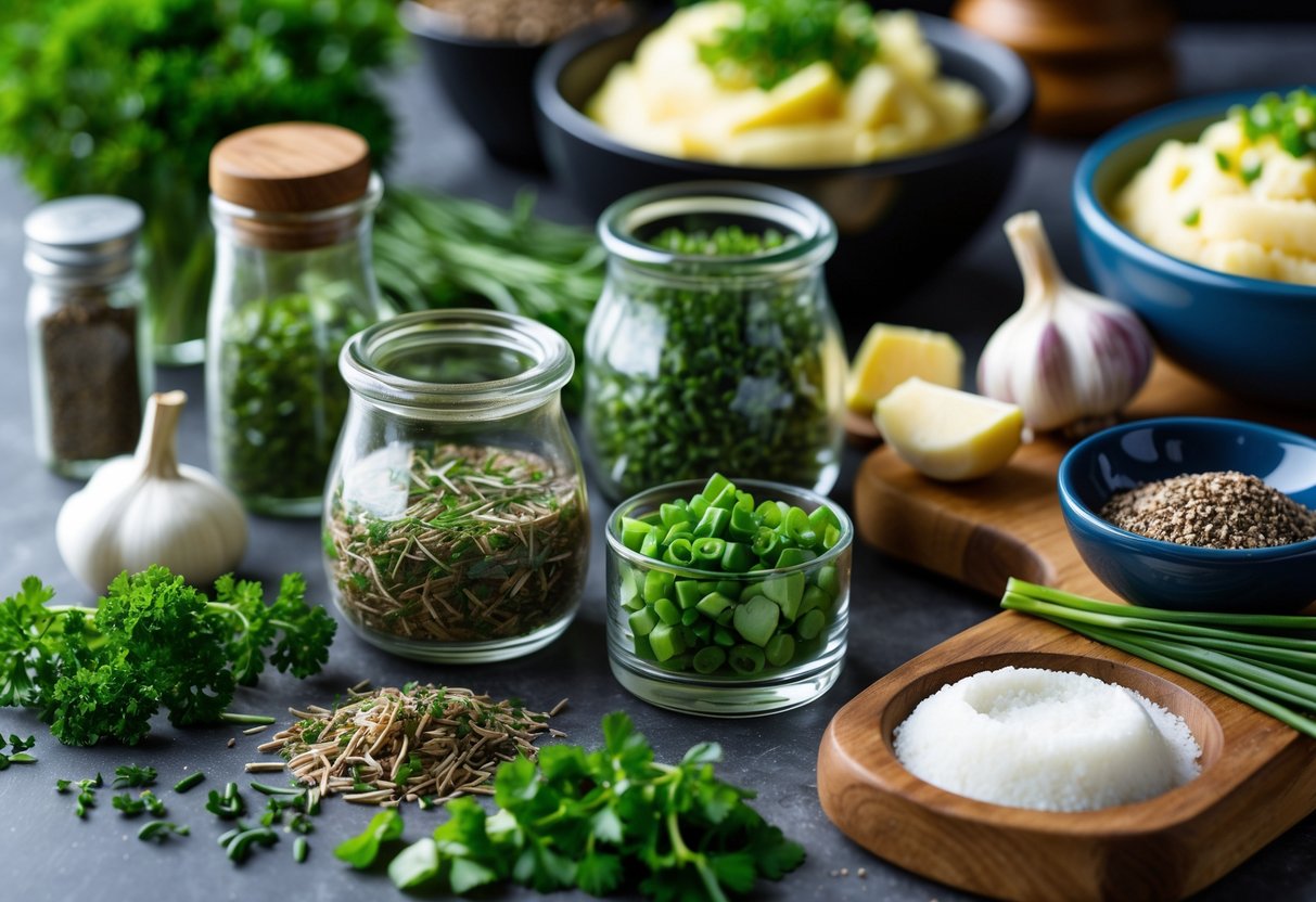 A kitchen scene with jars of herbs and spices, chopped green onions and garlic on a wooden board, and a bowl of mashed potatoes with butter.
