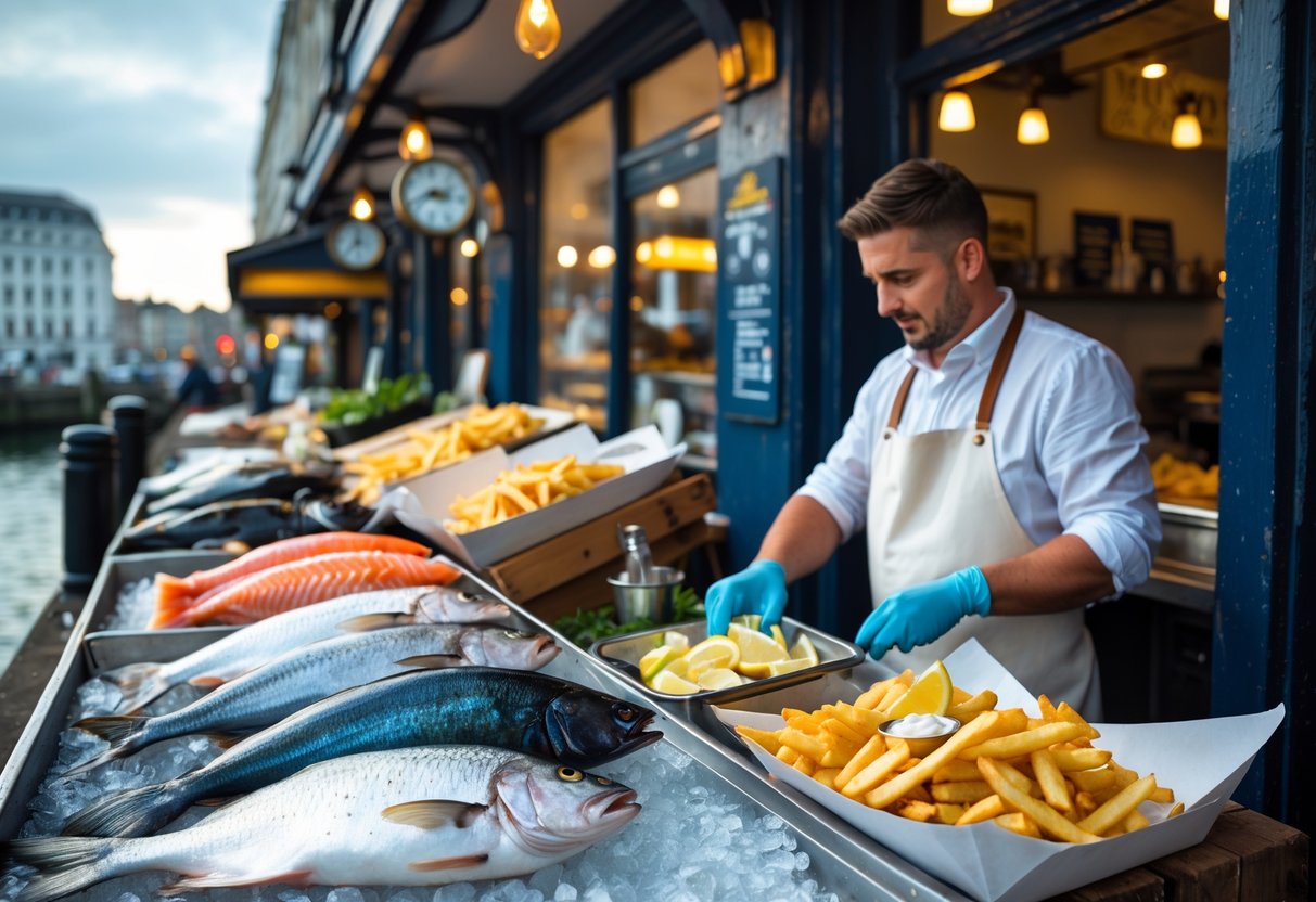 A fishmonger selecting fresh fish at a market with a nearby fish and chips shop displaying crispy fried fish and chips.