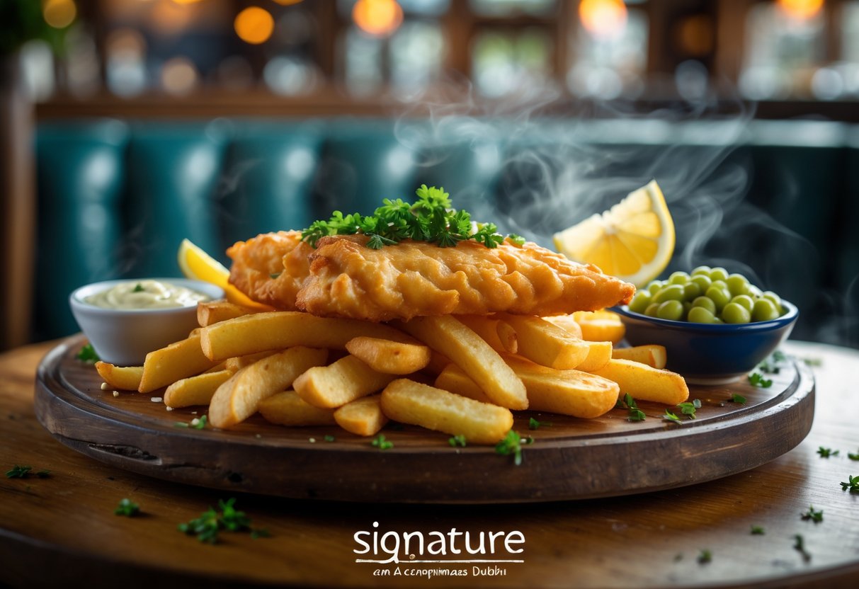 A plate of golden battered fish and thick-cut chips served with tartar sauce, lemon wedge, and mushy peas on a wooden platter.