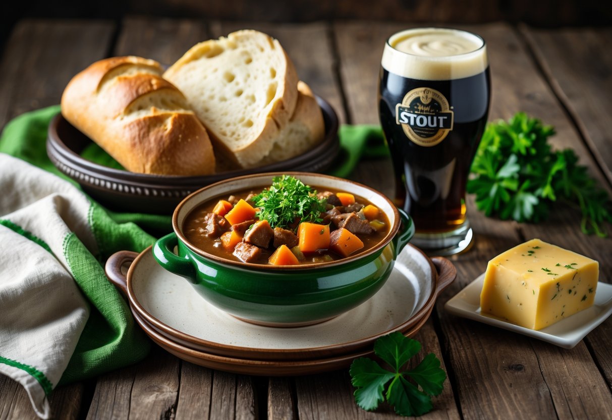 A table with a bowl of Irish stew, soda bread, Irish cheddar cheese, and a glass of dark stout beer.