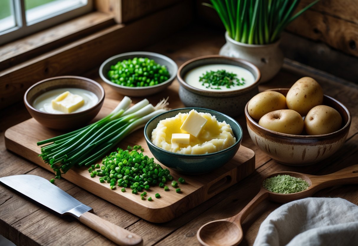A rustic kitchen table with ingredients for Irish champ, including mashed potatoes, scallions, cream, and chives.