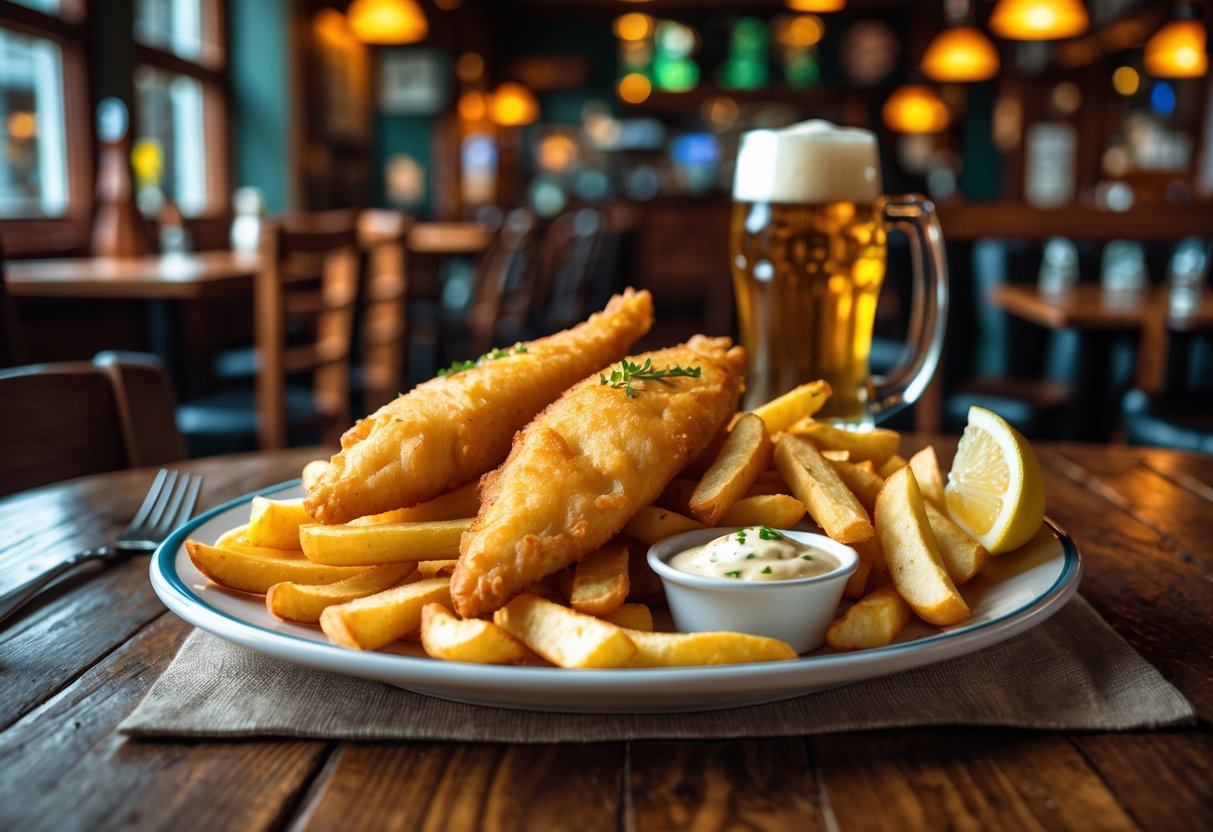 A plate of crispy fish and chips with tartar sauce and lemon wedge on a wooden table inside a cozy pub.