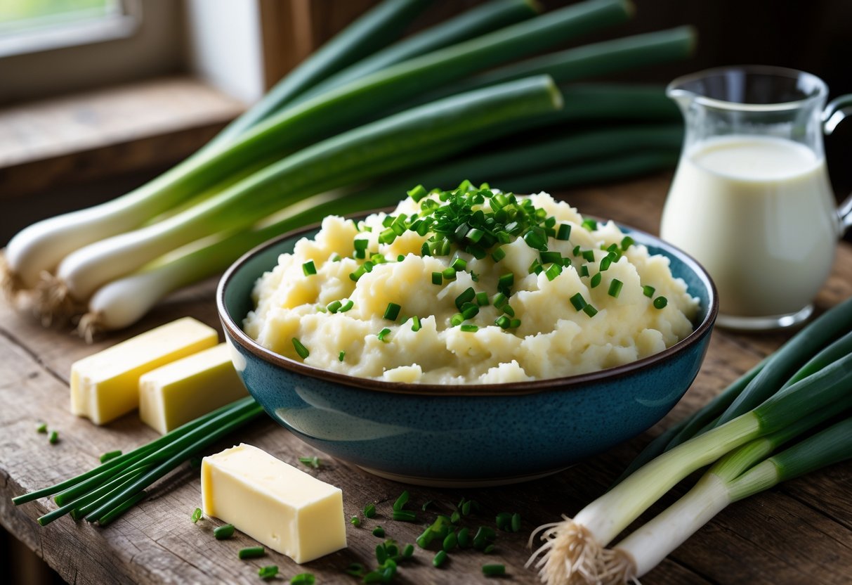 A bowl of creamy Irish champ on a wooden table surrounded by green onions, butter, and milk in a cozy kitchen setting.
