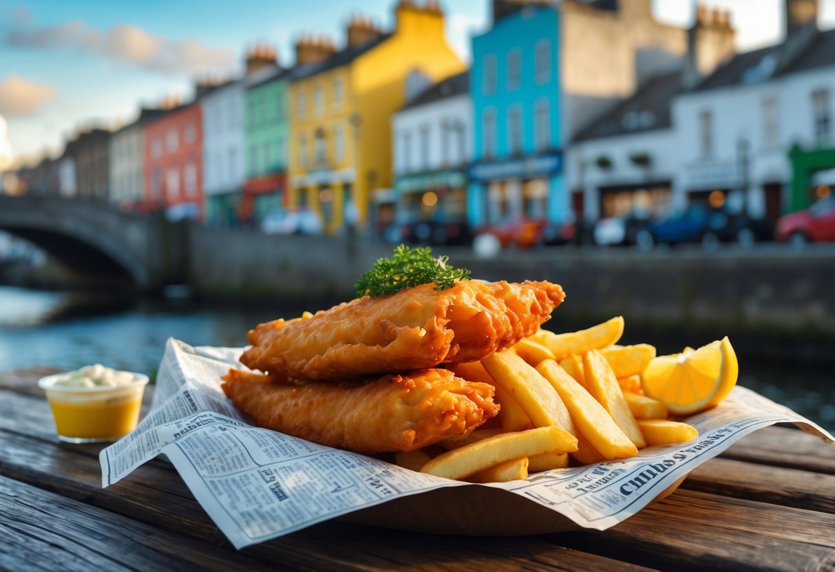 A serving of fish and chips on a wooden table with lemon and tartar sauce, with Dublin city buildings blurred in the background.