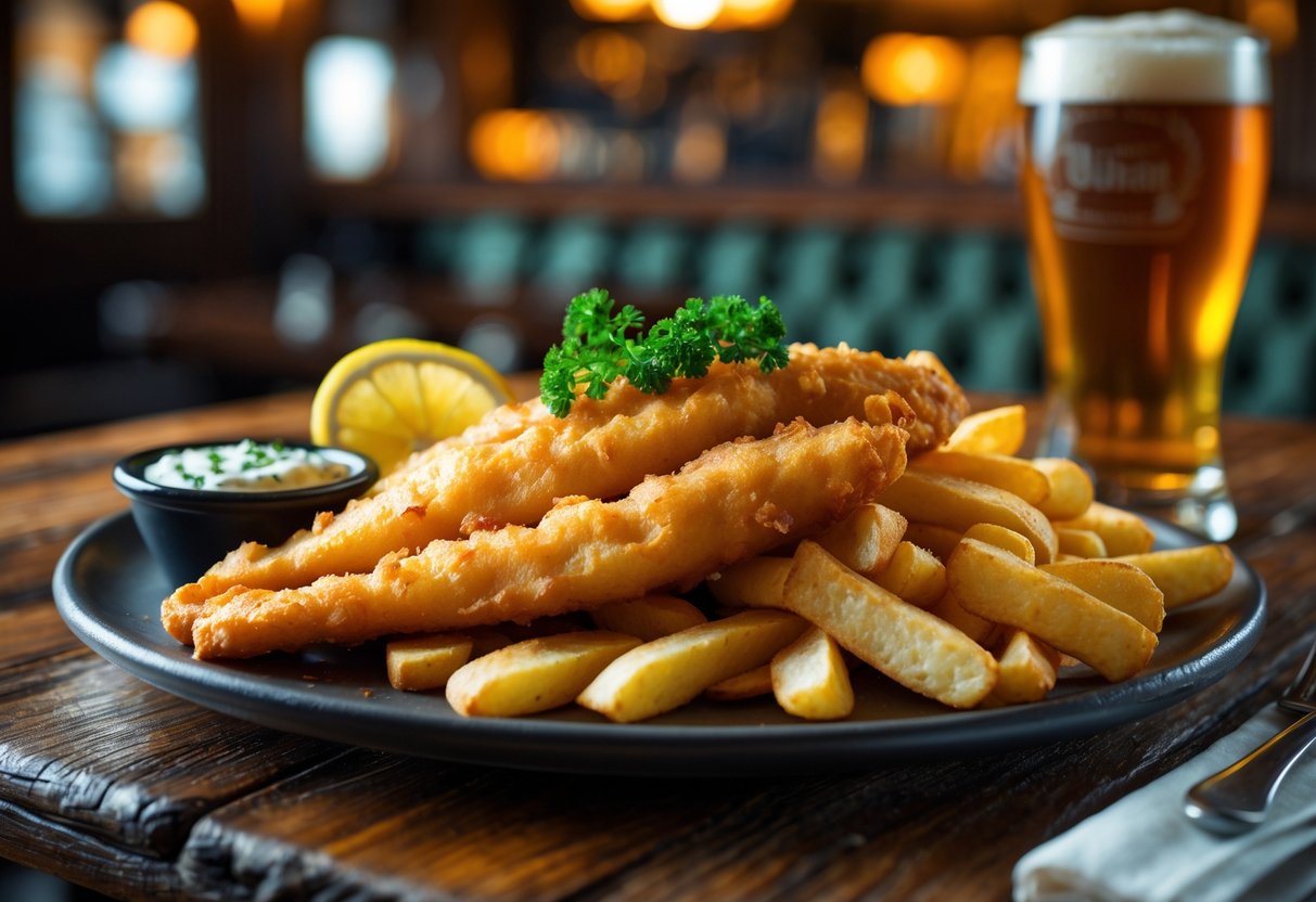 A plate of fish and chips with tartar sauce and lemon on a wooden table in a cozy Irish pub setting.