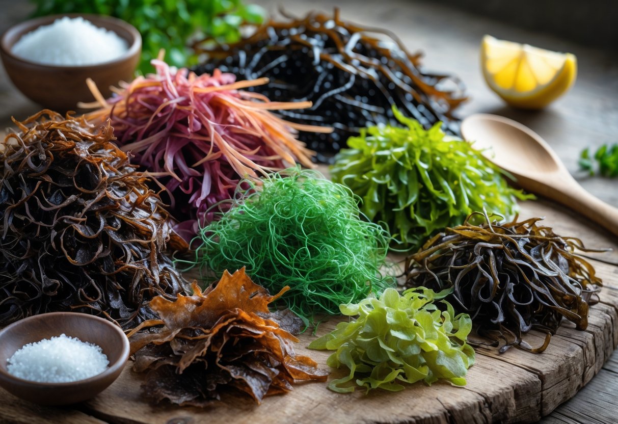 A variety of fresh Irish seaweed types arranged on a wooden table with cooking ingredients nearby.
