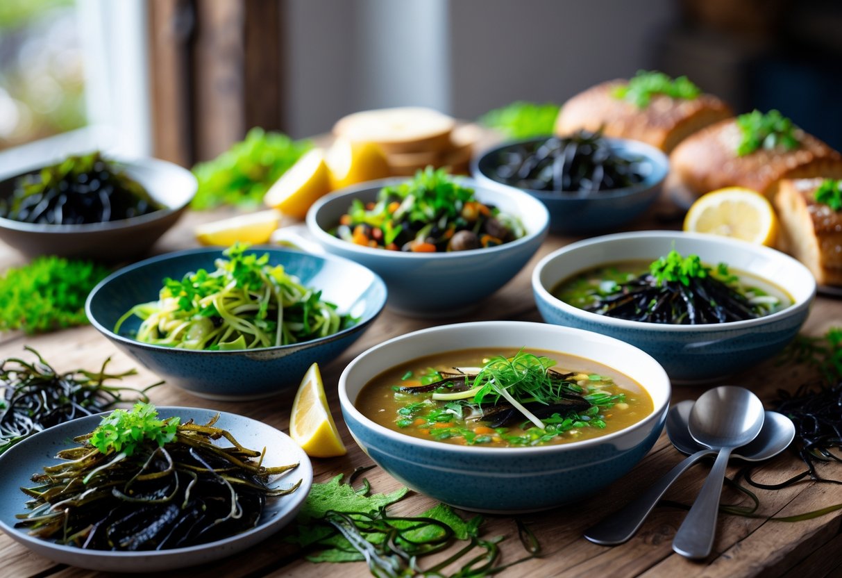 A wooden table with bowls of Irish seaweed dishes including salads and soup, garnished with fresh herbs and lemon wedges.