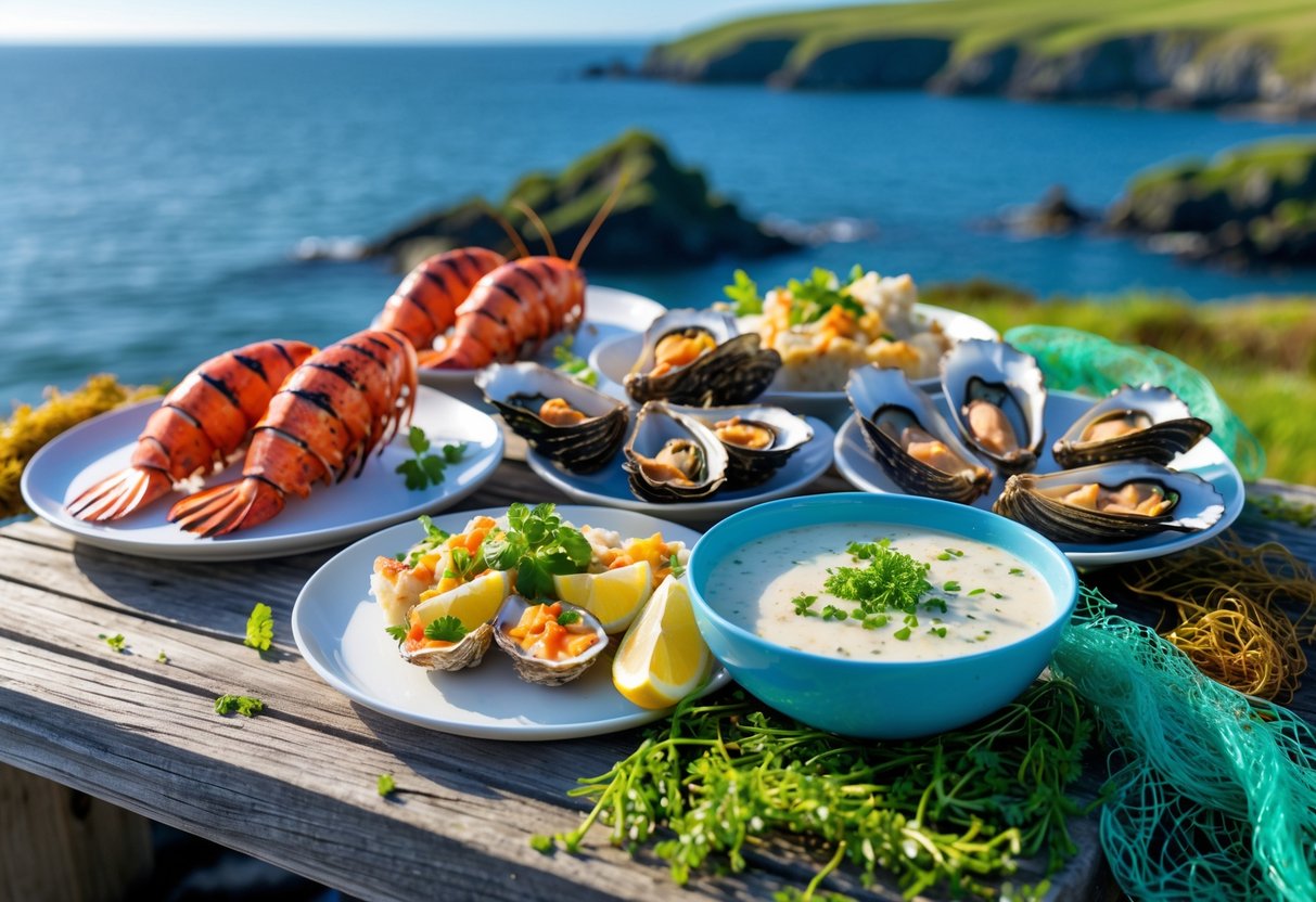 A table near the sea with plates of lobster, mussels, oysters, and seafood chowder, set against a rocky shoreline and blue sky.