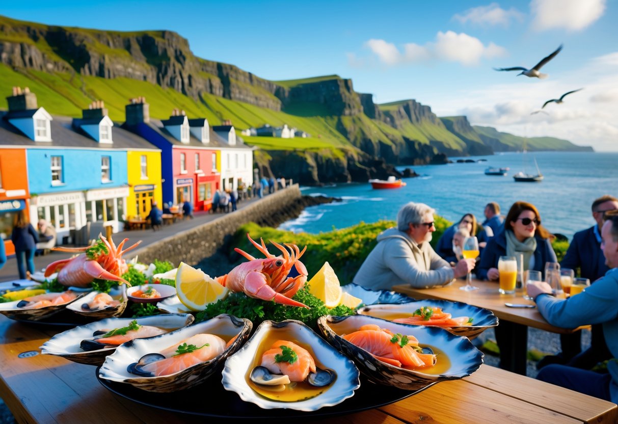 Coastal village on Ireland's west coast with outdoor seafood dining, fresh seafood platters on tables, people enjoying meals, cliffs and ocean in the background.