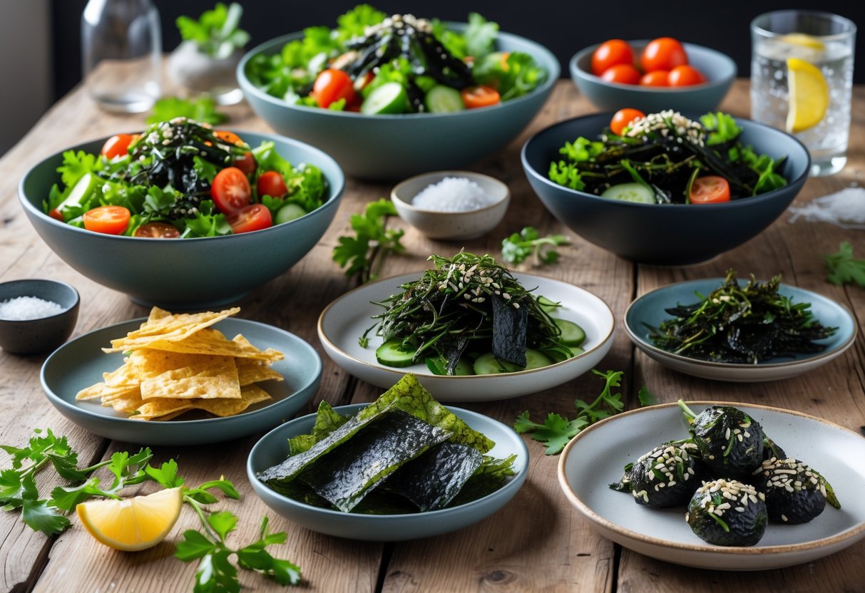 A table with bowls of fresh salads and plates of seaweed snacks made with Irish seaweed, featuring colorful vegetables and natural ingredients.