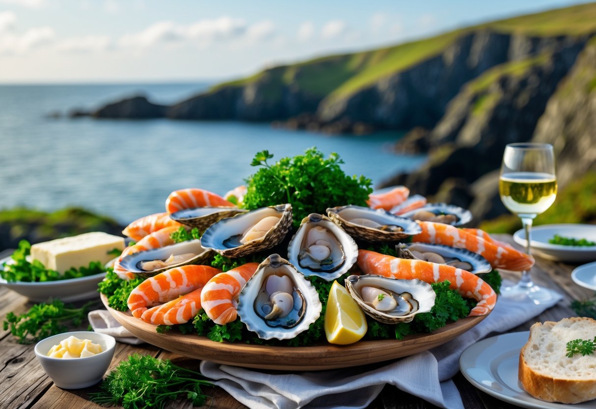 A seafood platter with shellfish and fish on a wooden table, accompanied by soda bread, herbs, and a glass of white wine, with the Irish west coast visible in the background.