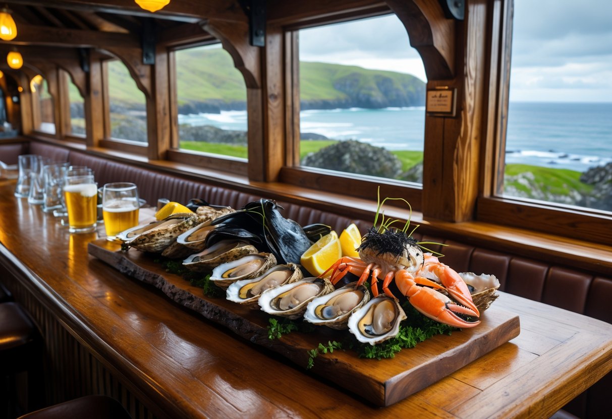 Interior of a traditional Irish pub with wooden beams and a seafood platter on the bar, overlooking the coast through large windows.