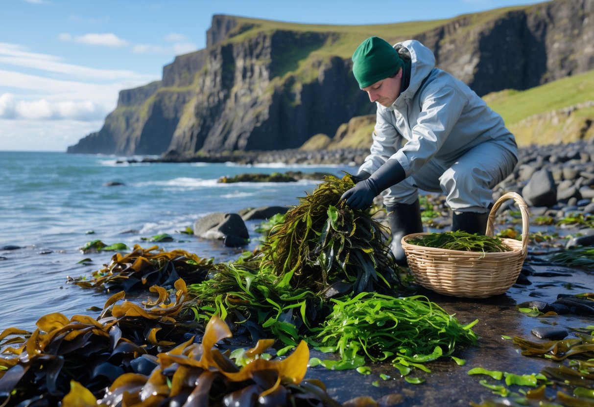Person collecting fresh seaweed on rocky Irish coastline with ocean and cliffs in the background.