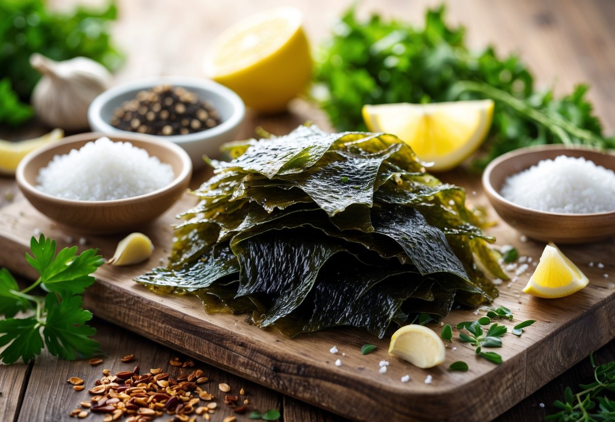 Dulse Recipes: Creative Ways To Cook With Seaweed At Home A cutting board with fresh dulse seaweed surrounded by bowls of sea salt, pepper, lemon wedges, garlic, olive oil, and fresh herbs.