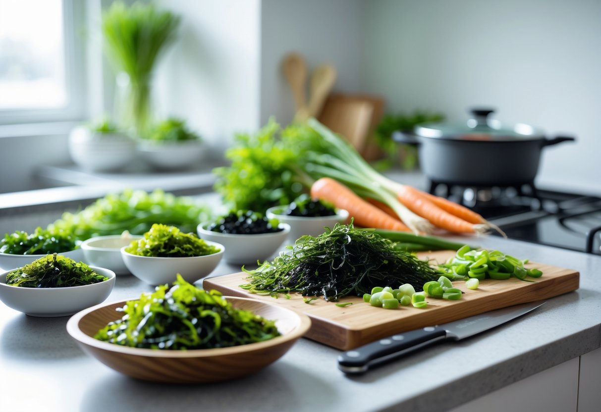 A kitchen countertop with fresh Irish seaweed in bowls, chopped seaweed on a cutting board, fresh vegetables, and cooking utensils.