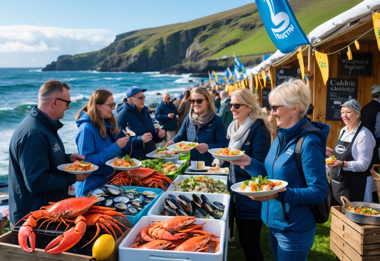 Outdoor seafood festival on the west coast of Ireland with stalls displaying fresh seafood, people enjoying the event near the rocky coastline under a clear sky.